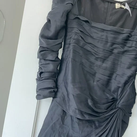 Khaite Shawna Ruched Satin Crepe Midi Dress Black High Slit Square Neckline - Picture 11 of 15